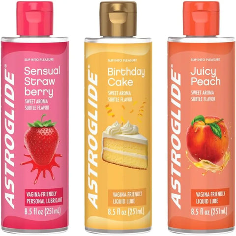 Astroglide Flavored Personal Lubricant 8.5oz Bundle including Strawberry, Birthday Cake, and Peach Flavored Water Based Lubes